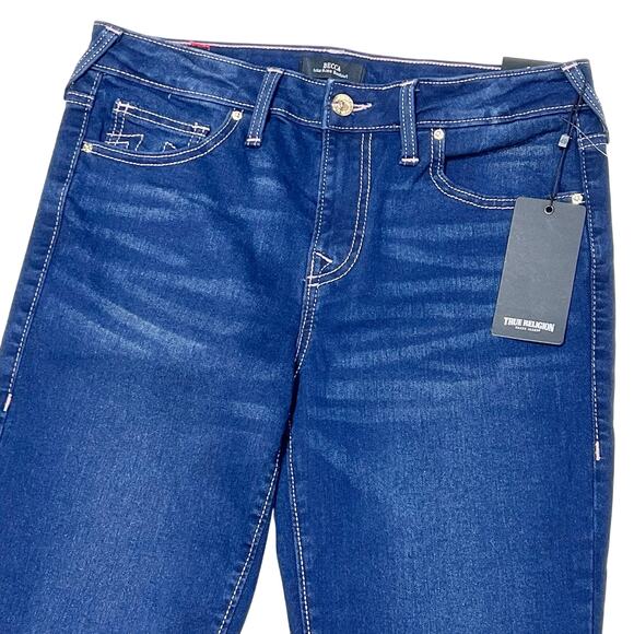 True Religion Becca Mid Rise Bootcut Jeans Women 28Wx32L Blue Rhinestones - Picture 3 of 9